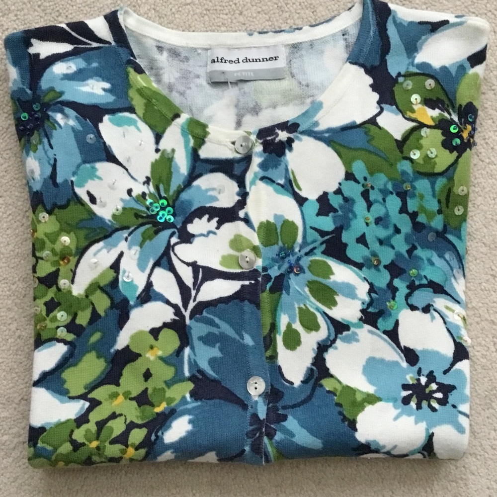 Alfred Dunner Blue Green White Floral Sequin Cardigan